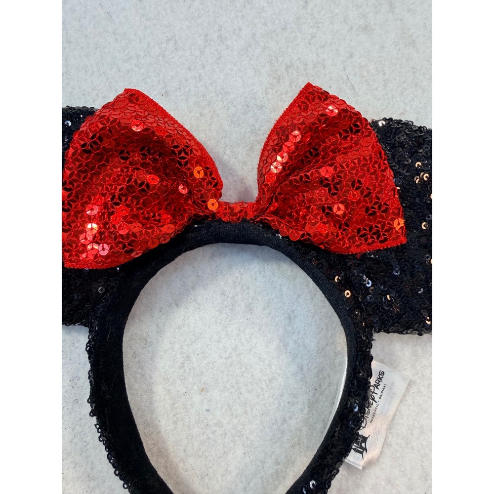 Disney Parks Minnie Mouse Black Red Sequin Ears Headband Classic Bow Accessory